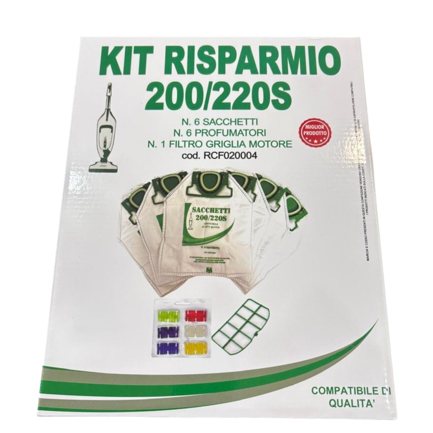 Kit Sacchetti Compatibili Folletto VK220S – 6 Sacchetti + Filtro + Profumi, Pulizia Totale Garantita